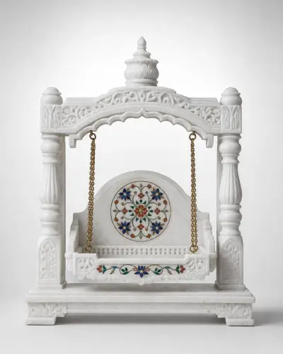 Makrana White Marble Kalash-Top Jhula with Pietra Dura Inlay, 16 in