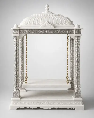Silver-Clad Pillar Jhula for Laddu Gopal in Makrana Marble, 18 in