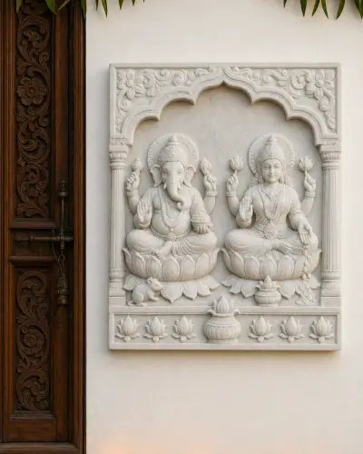 Makrana White Marble Lakshmi Ganesh Wall Panel in Bas-Relief, 18 in