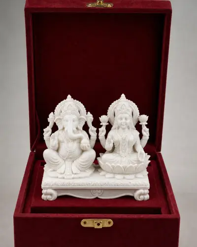 Makrana Marble Lakshmi Ganesh Chowki Gift Set, 6in