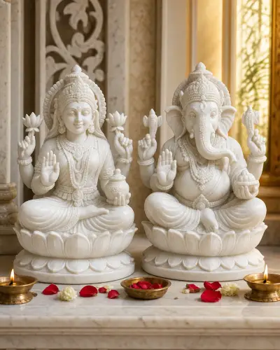Handcrafted Makrana White Marble Lakshmi-Ganesh Pair on Lotus Thrones, 18in