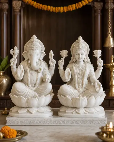 Handcrafted Makrana White Marble Lakshmi-Ganesh Pair on Lotus Thrones, 30in