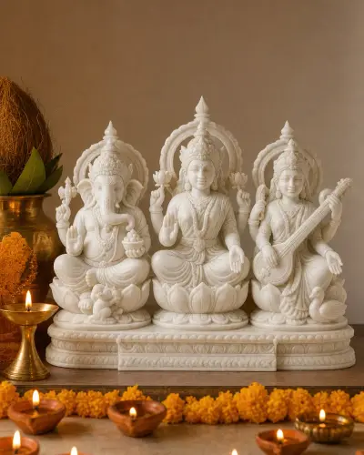 Makrana White Marble Lakshmi Ganesh Saraswati Murti Set on a Shared Lotus Base, 15 in