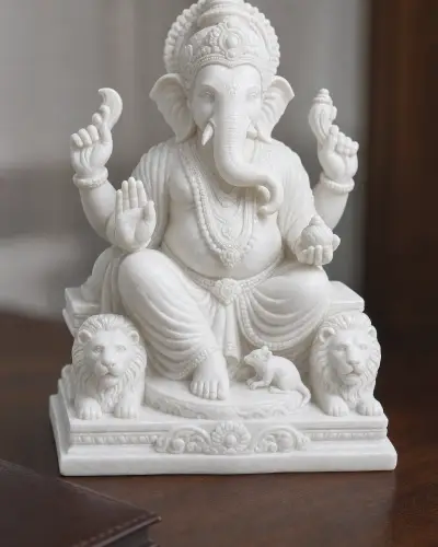 Makrana White Marble Lalbaugcha Raja for Desk and Office, 9 in