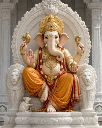 Makrana White Marble Lalbaugcha Raja on Grand Lion Throne with Prabhavali, 4 ft