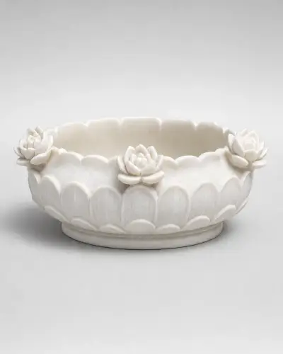 Makrana White Marble Lotus-Petal Urli Bowl, 12in