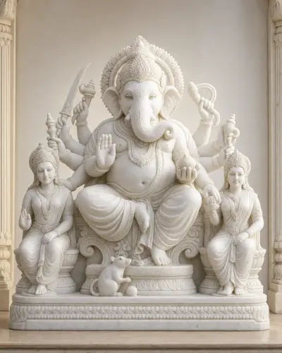 Makrana White Marble Mahaganapati of Ranjangaon on Singhasan, Multi-Armed, 24 in