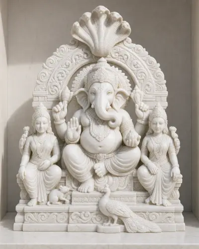 Makrana White Marble Moreshwar Ganpati with Cobra-Hood Prabhavali and Riddhi-Siddhi, 24 in