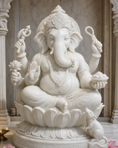 Handcrafted Makrana White Marble Multi-Armed Ganesh on Lotus, 30in