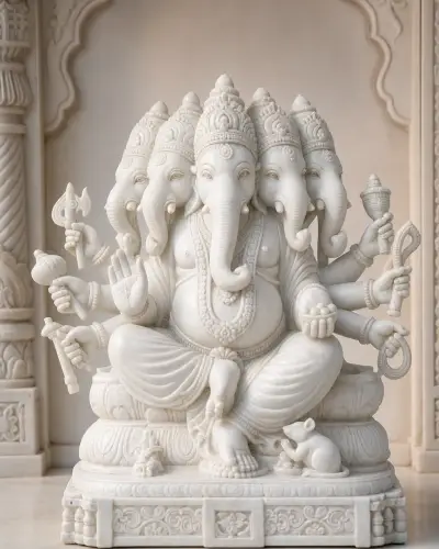 Handcrafted Makrana White Marble Panchmukhi Ganesh Statue, 24in