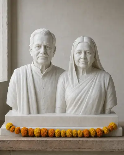 Marble Double Bust Statue of Parents on One Plinth, 22 in