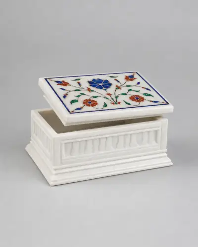 Makrana White Marble Pietra Dura Jewellery Box, 6in