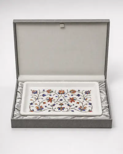 Makrana Marble Pietra Dura Ring & Varmala Tray, 10in