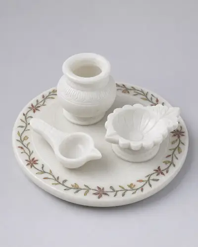Makrana White Marble Pooja Thali Set, 12in