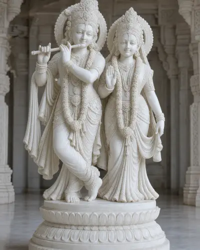 Handcrafted Makrana White Marble Radha Krishna Big Size Temple Pair, 4ft