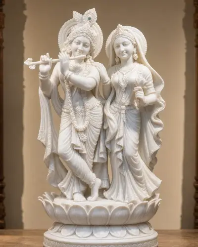 Handcrafted Makrana White Marble Radha Krishna Jugal Jodi on Lotus Base, 2ft