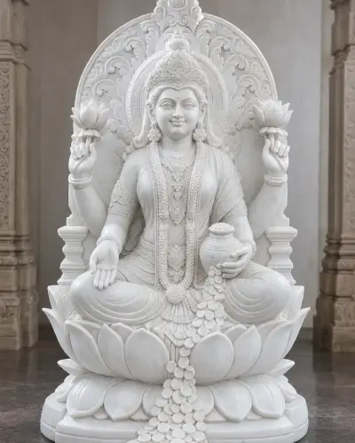 Makrana White Marble Rajlakshmi on Lotus Throne Statue, 48 in (4 ft)