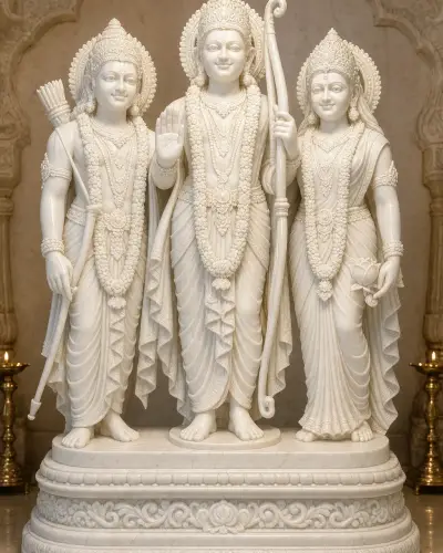 Handcrafted Makrana White Marble Ram-Sita-Lakshman Standing Trio, 3ft