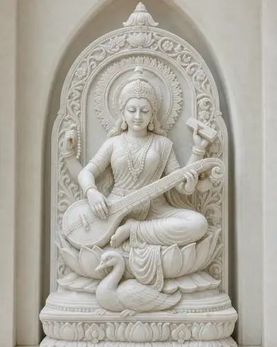 Makrana White Marble Saraswati Relief on an Arched Stele, 24in