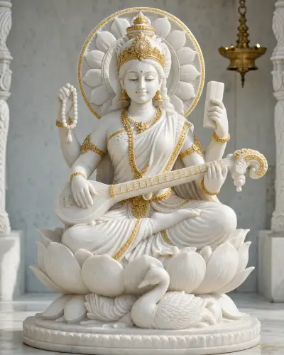 Makrana White Marble Saraswati with Gold Leaf and a Lotus-Petal Aureole, 27in