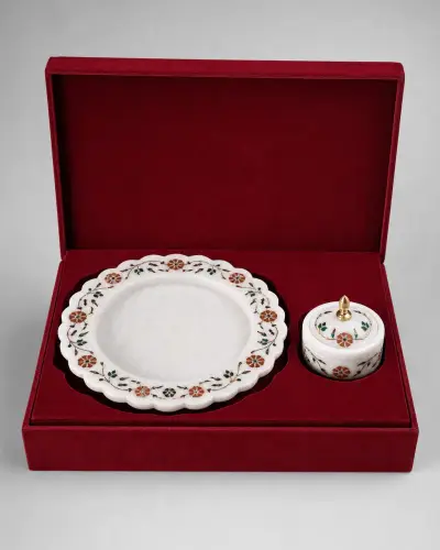 Makrana Marble Shagun Thali & Coin Vessel Set, 8in