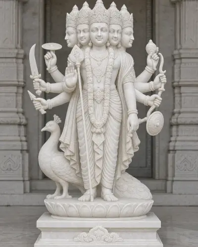 Handcrafted Makrana White Marble Shanmukha (Six-Faced) Murugan Statue, 3ft