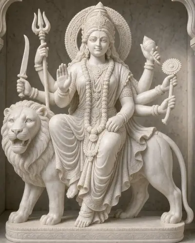 Handcrafted Makrana White Marble Sherawali Durga Statue on Lion, 2ft