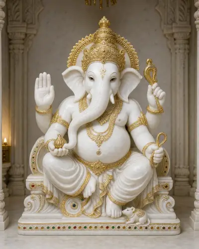 Makrana White Marble Siddhivinayak of Siddhatek on Gold-Leaf Singhasan, 24 in