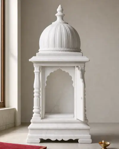 Handcrafted Makrana White Marble Single-Door Dome-Top Home Mandir, 36in