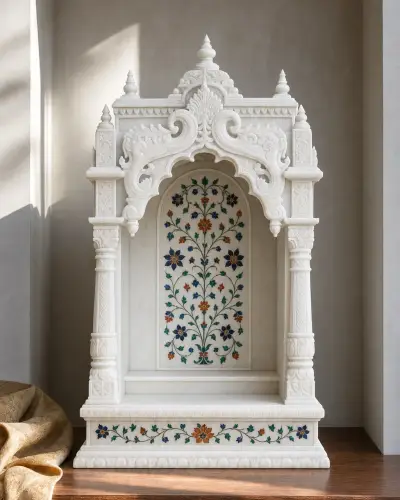 Handcrafted Makrana White Marble Single-Door Mandir with Floral Stone Inlay, 30in