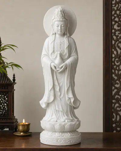 Makrana White Marble Standing Kuan Yin for a Home Altar, 24in