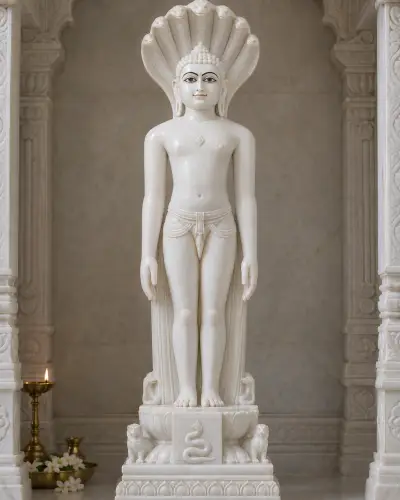 Makrana White Marble Standing Parshvanath Kayotsarga Murti, 31in