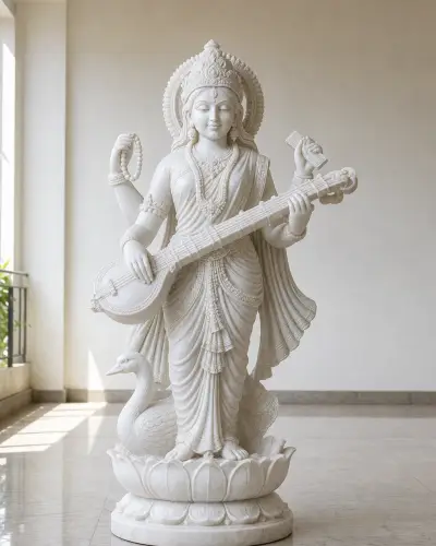 Makrana White Marble Standing Saraswati Statue with Veena, 36in