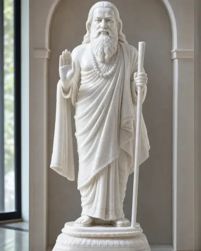 Handcrafted Makrana White Marble Standing Swami Samarth Statue, 21 inch