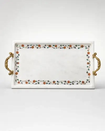 Makrana White Marble Tray with Cast Brass Handles, 16in
