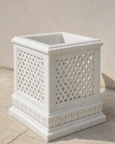 Makrana White Marble Tulsi Vrindavan Planter with Jali Panels, 36in