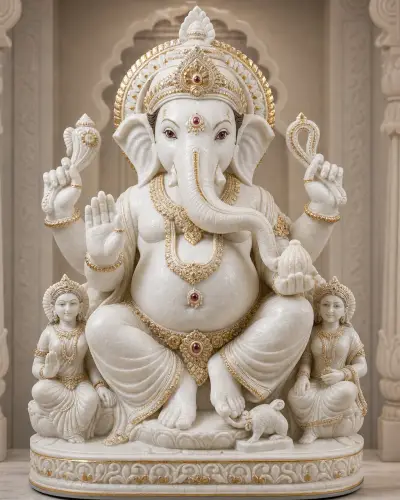 Makrana White Marble Vighneshwar of Ozar with Gem-Set Eyes and Gold-Leaf Crown, 18 in
