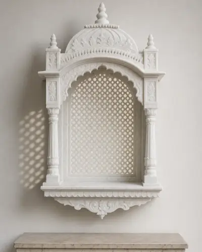 Handcrafted Makrana White Marble Wall-Mounted Jali Mandir Niche, 24in