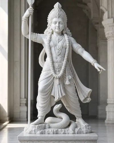 Handcrafted Makrana White Marble Warrior Murugan with Raised Vel Statue, 42in