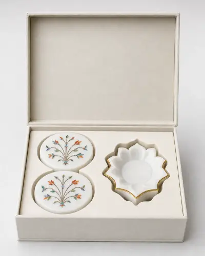 Marble Coaster & Diya Wedding Favour Box Set, 6in