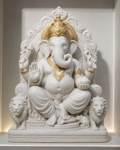 Sagyin White Marble Lalbaugcha Raja with Gold-Leaf Mukut, 18 in
