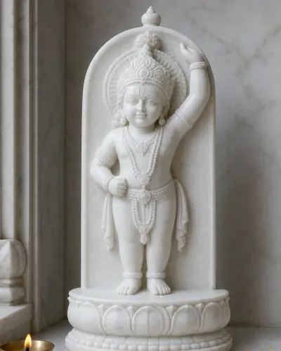Small Marble Shrinathji Murti on Lotus Chowki, 9 in