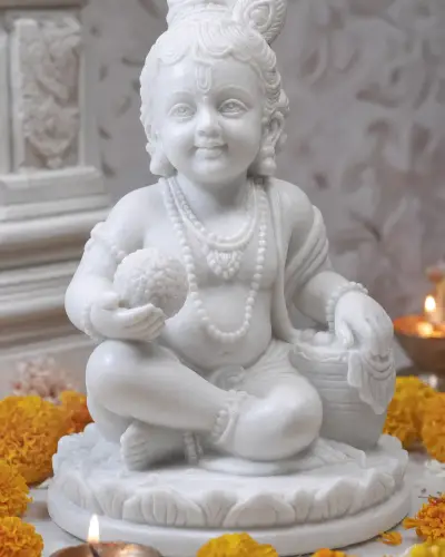 Handcrafted Vietnam White Marble Bal Gopal (Laddu Gopal) Statue, 1ft