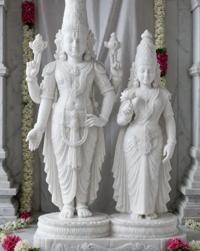 Handcrafted Vietnam White Marble Balaji Padmavati Statue Pair, 2ft