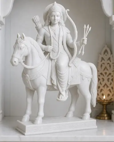Handcrafted Vietnam White Marble Barbarika on the Blue Horse Murti, 18in
