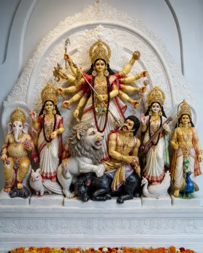 Handcrafted Vietnam White Marble Bengali Durga Puja Ekchala Group, 3ft
