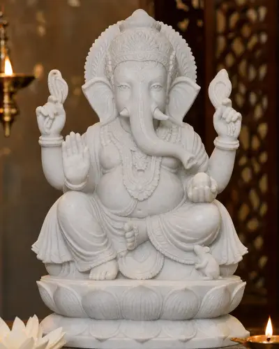 Handcrafted Vietnam White Marble Blessing Ganesh on Lotus, 24in