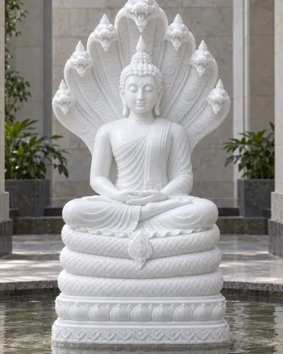 Vietnam White Marble Buddha Under the Naga Hood, 30 Inch