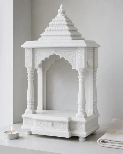 Handcrafted Vietnam White Marble Chhatri-Canopy Tabletop Mandir, 18in