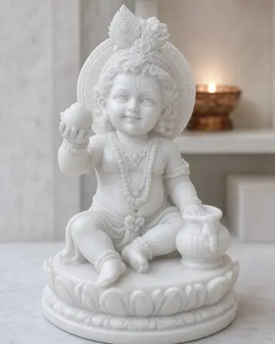 Vietnam White Marble Compact Laddu Gopal for Pooja Shelf, 6 in